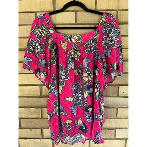 LOFT Pink Floral Batik Print Square Neck Flutter Sleeve Rayon Top Size Large